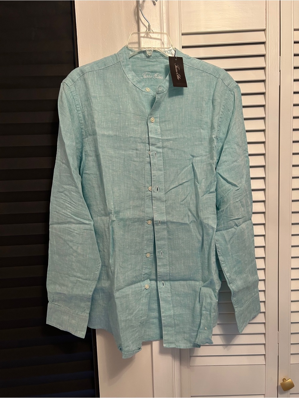 Tasso Elba Light Blue Band-Collar Linen Shirt